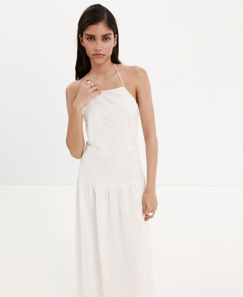 Women's Openwork-Embroidery Halter A-Line Cotton Dress