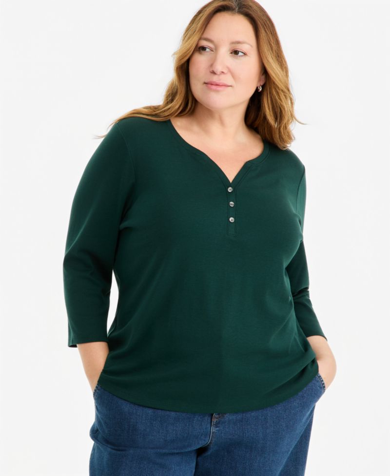 Plus Size 3/4-Sleeve Henley Tee
