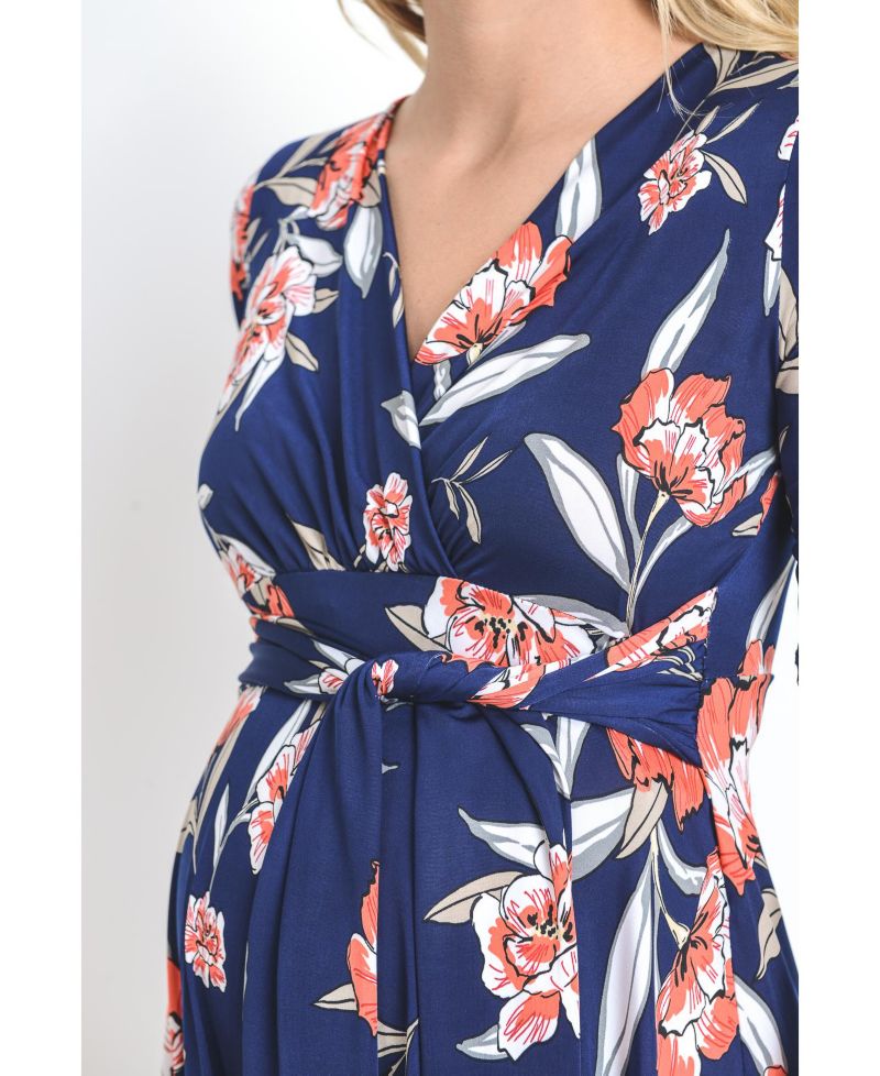 Women's V-Neck Floral Wrap Nursing Dress with Tie Waist