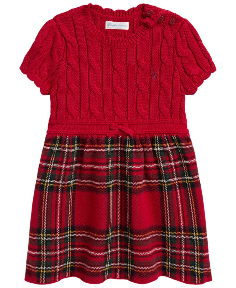 Baby Girls' Plaid-Skirt Cable Sweater Dress