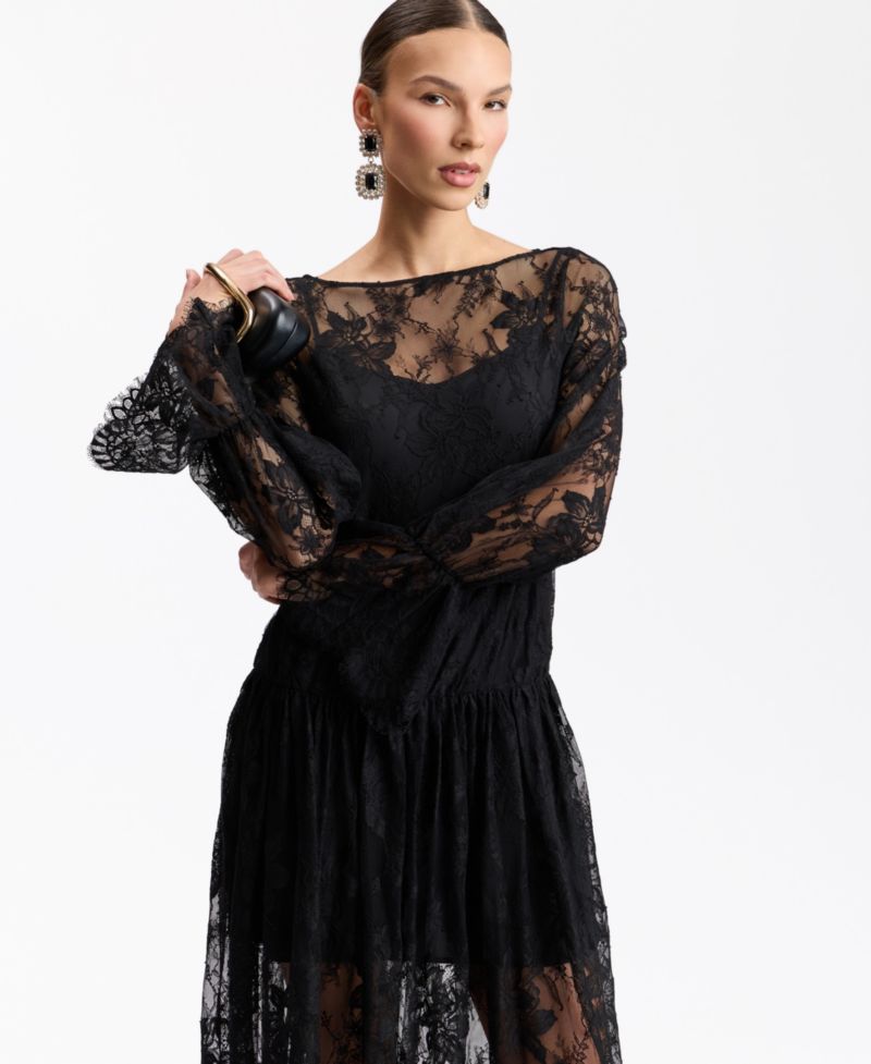 Women's Floral Drop-Waist Lace Midi Dress