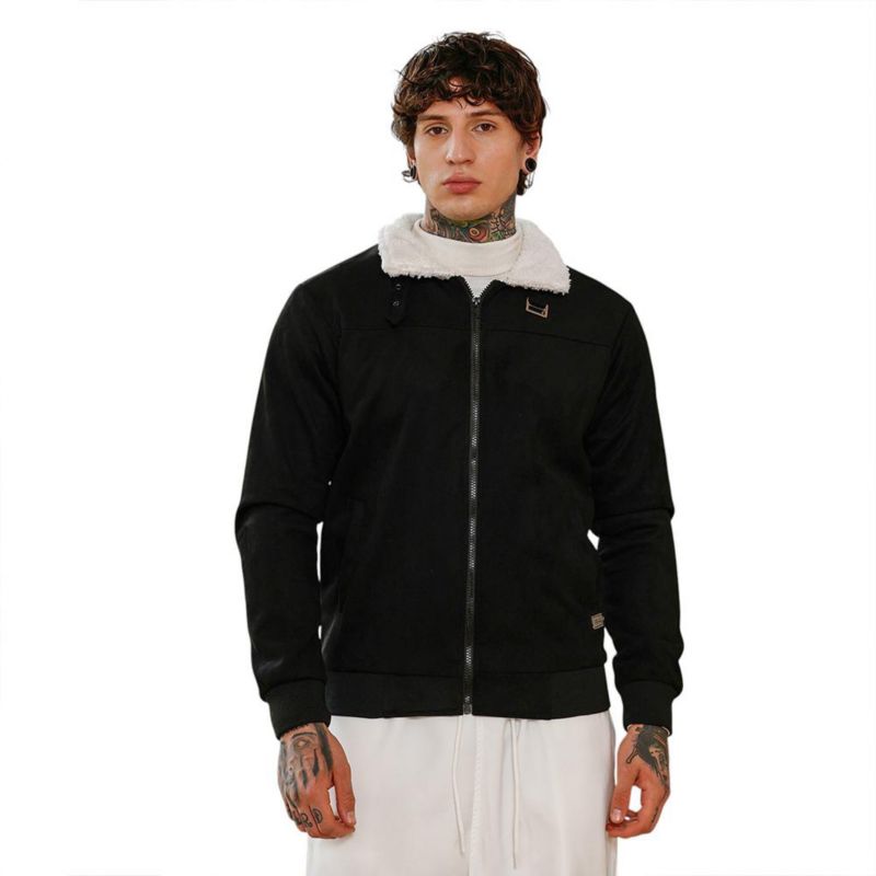 Men's Raven Black Contrast Sherpa-Lined Suede Bomber Jacket