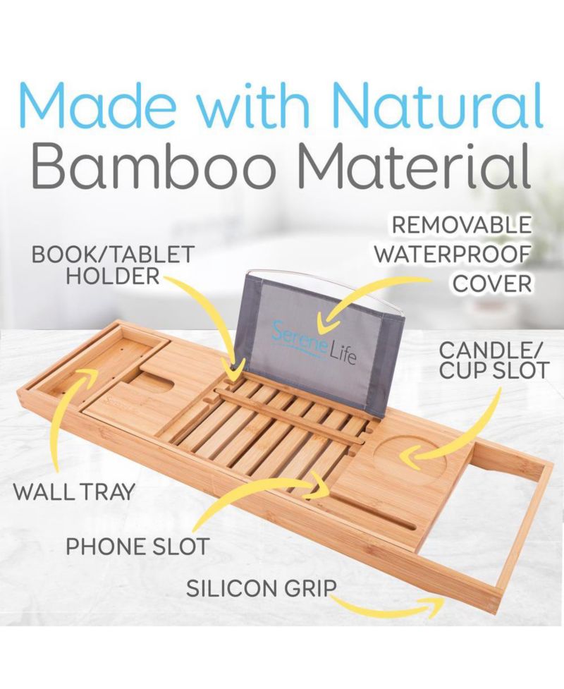 Toddler Luxury Bamboo Bathtub Caddy Tray, Adjustable Bath Organizer With Wine Holder and Phone Slot