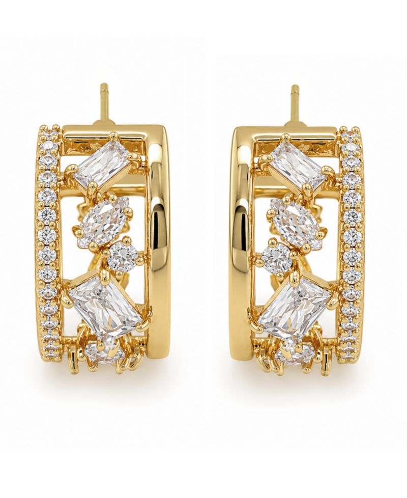 Cubic Zirconia Gold-Tone Plated Multi Stone Shape Hoop Earrings