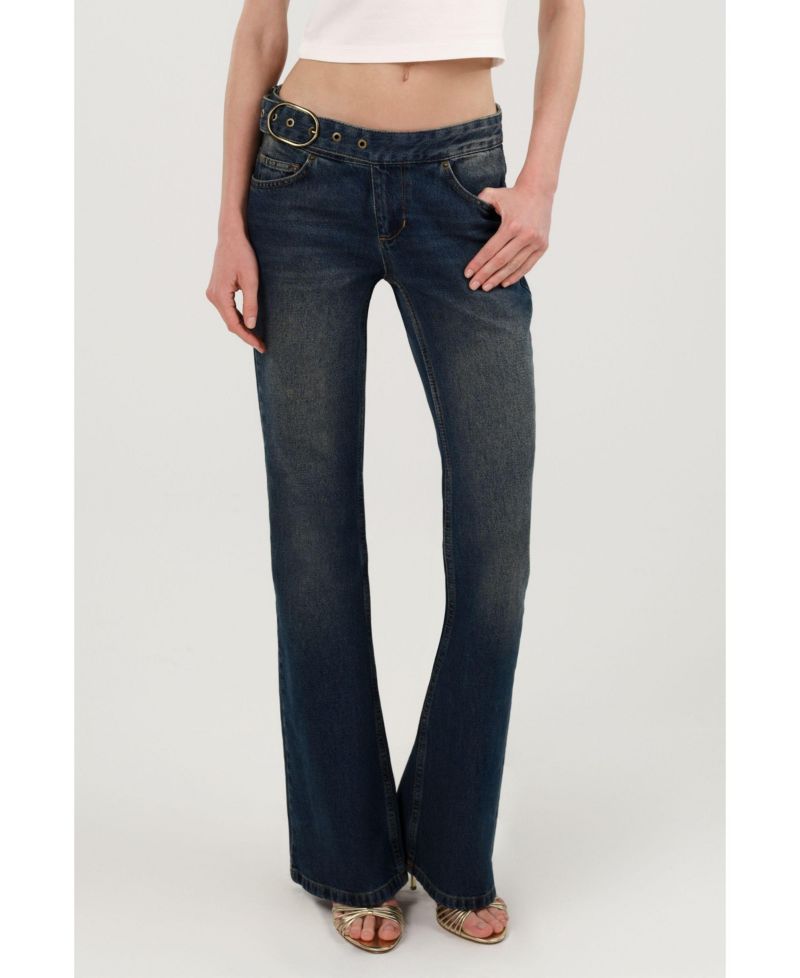 Women's Belted Denim Flare Trousers
