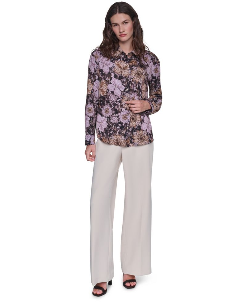 Women's Floral-Print Long-Sleeve Point-Collar Blouse
