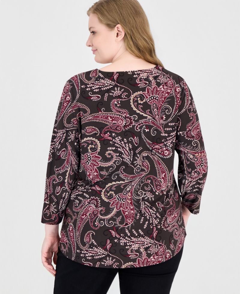 Plus Size Paisley-Print V-Neck Keyhole 3/4-Sleeve Blouse