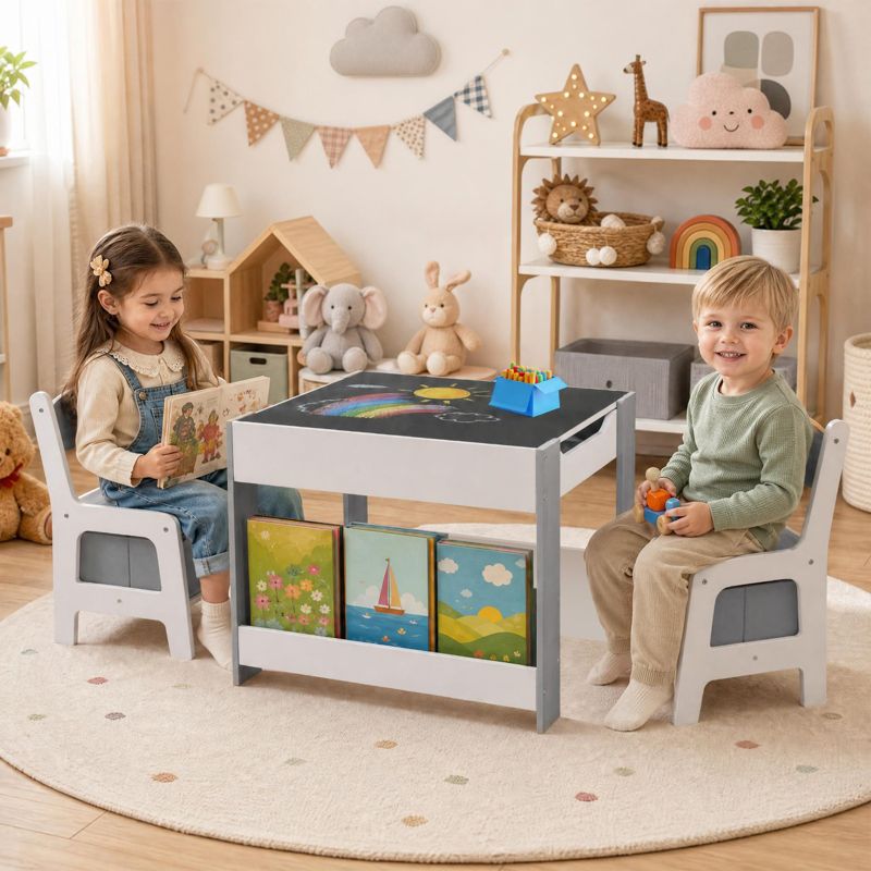 Ages 3-6 Reversible Chalkboard-Whiteboard Activity Table with Storage, 5-Piece Set
