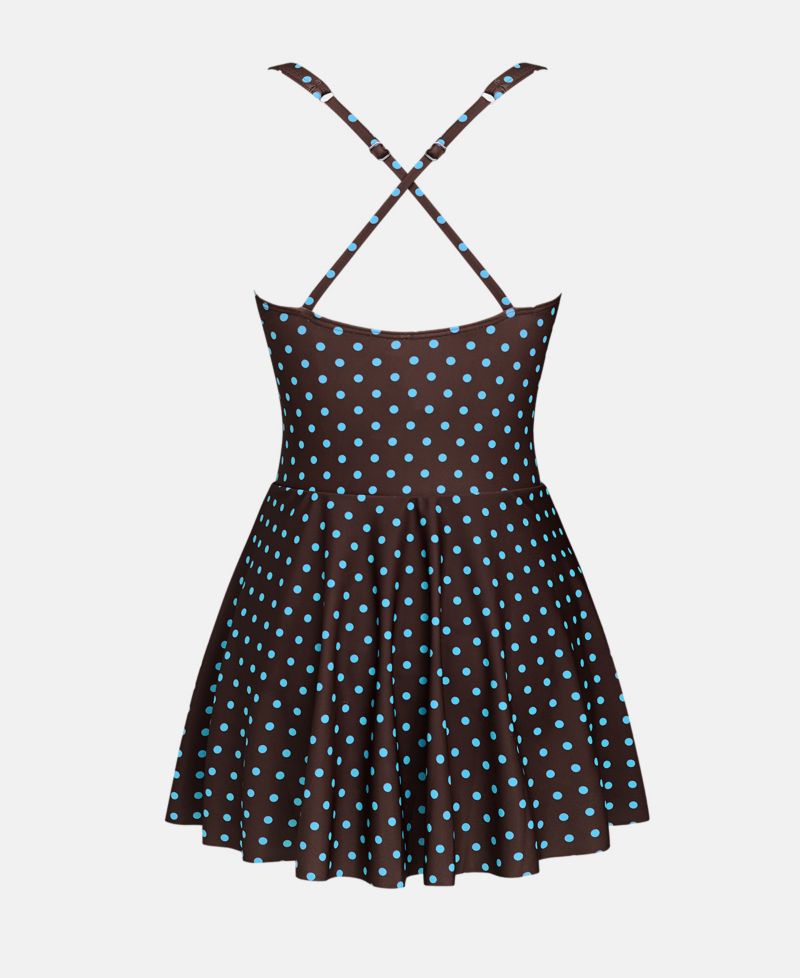 Women's Polka Dot Plunge Swim Dress with Criss-Cross Back