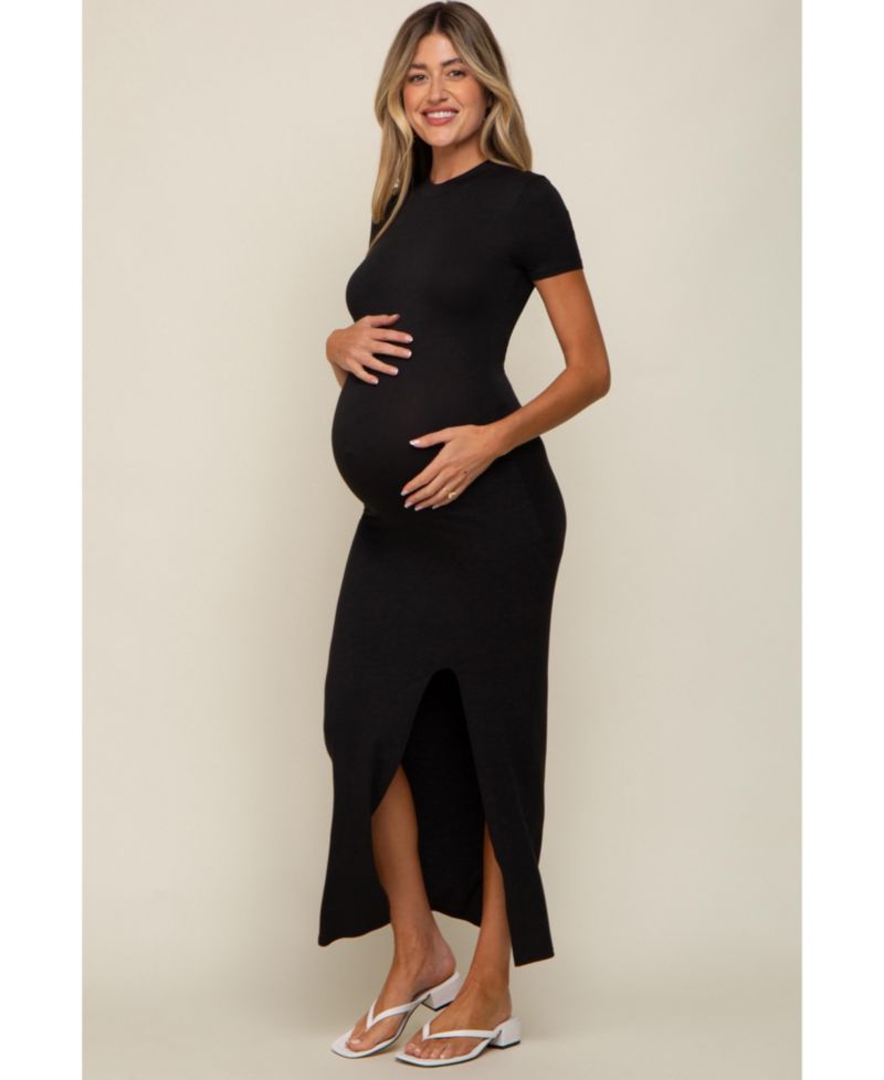 Women's Black Mock Neck Front Slit Short Sleeve Maxi Dress