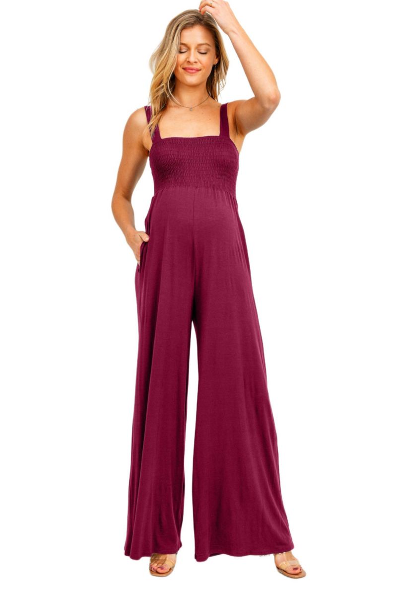 Maternity Sleeveless Smocked Bodice Wide-Leg Jumpsuit with Pockets