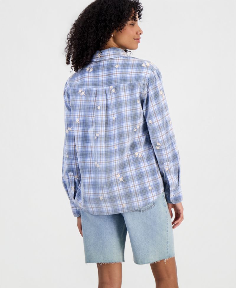 Women's Plaid Long-Sleeve Cord-Embroidered Button-Up Shirt