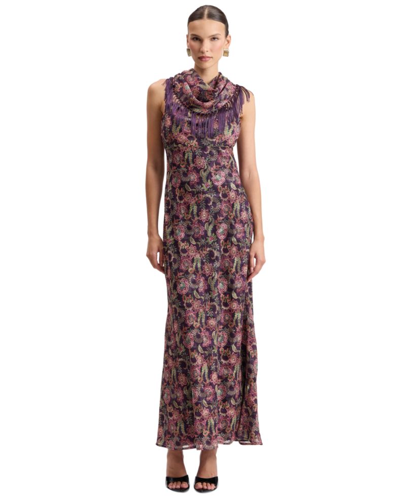Women's Floral Cowl Neck Fringe Cape Scarf Maxi Dress