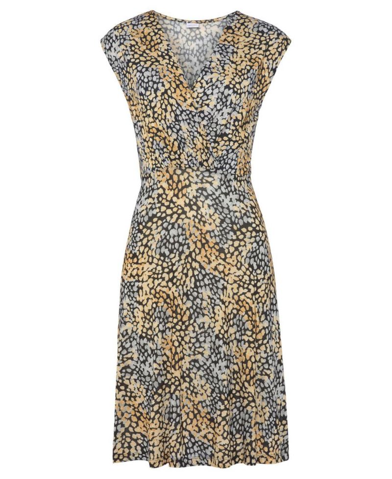 Women's Viscose Printed Look A-Line V-Neck Ruched Short Dress