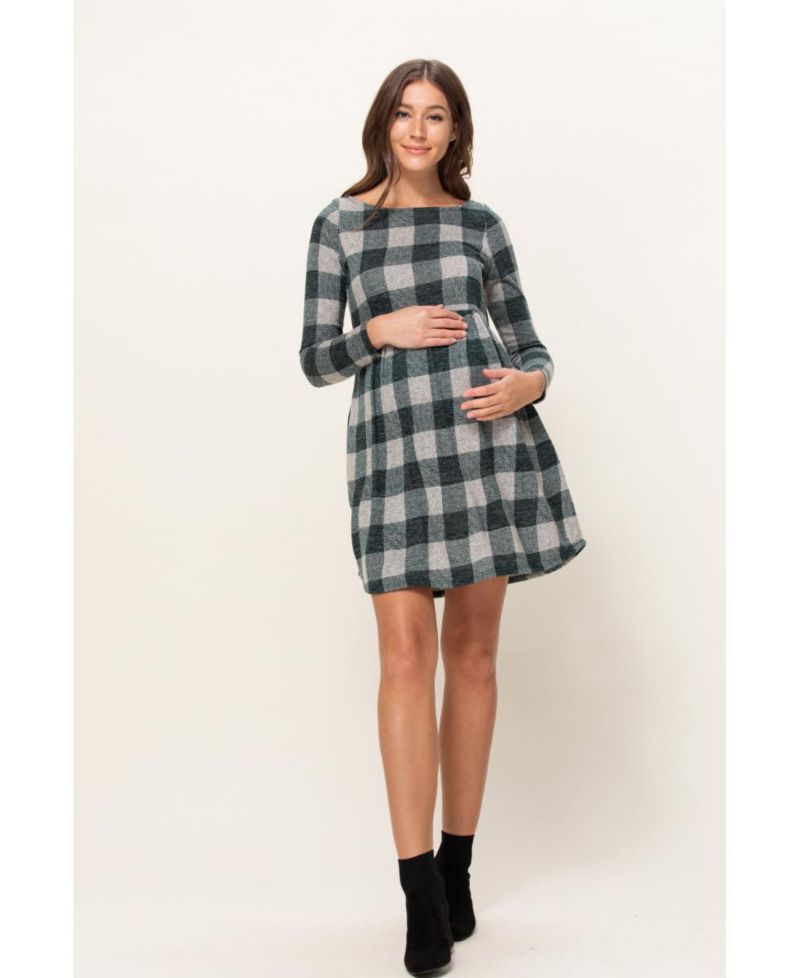 Women's Empire Waist Long Sleeve Plaid Dress