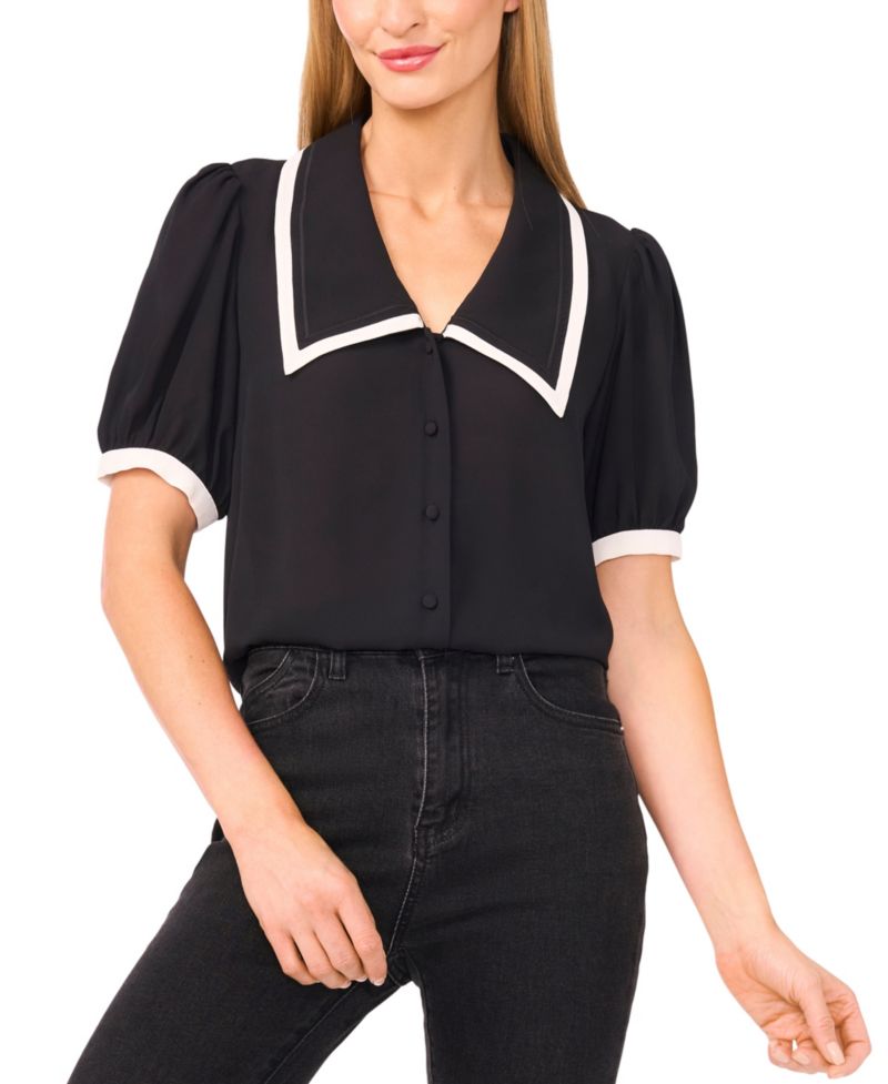 Women's Collared Puff-Sleeve Blouse