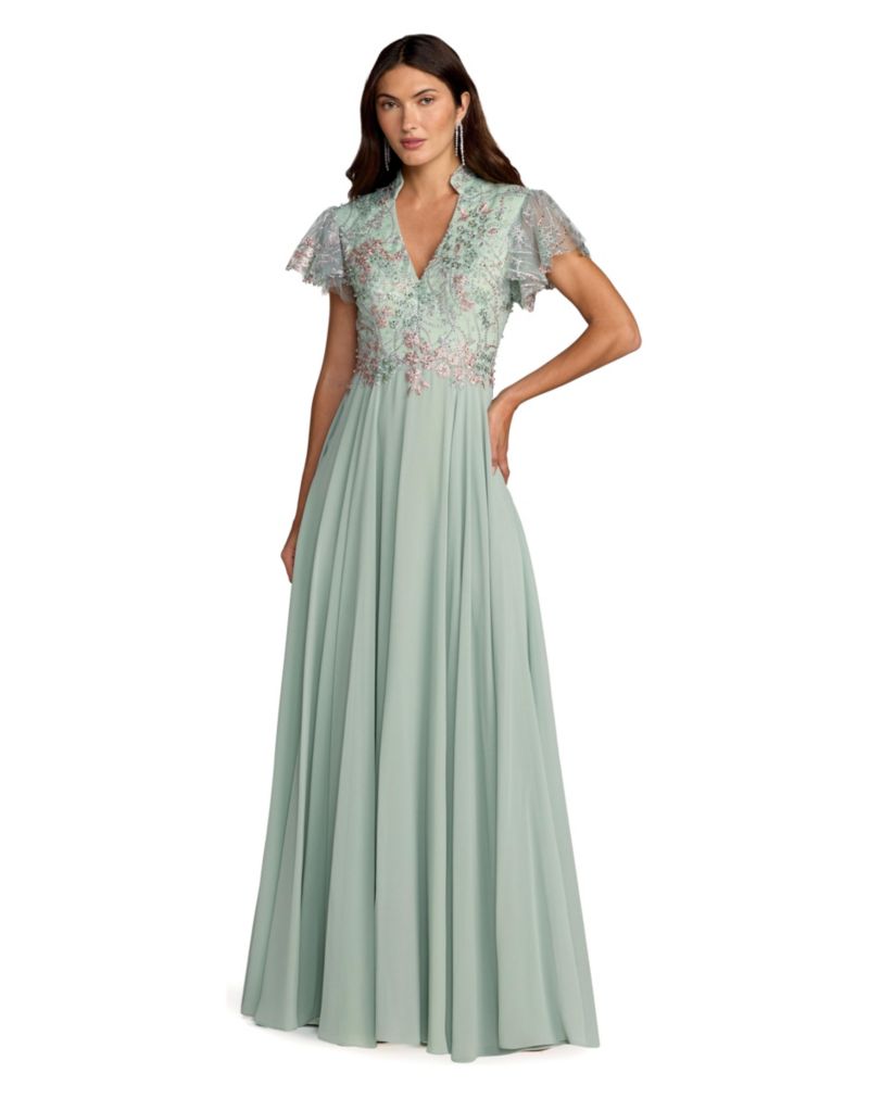 Women's Embroidered Top Chiffon Skirt Ruffle Sleeve Gown