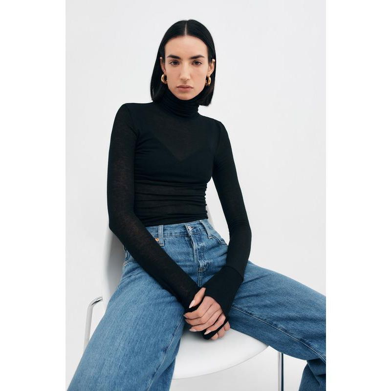 Women's Eloise Extra-Long Sheer Jersey Fitted Turtleneck with Thumbholes