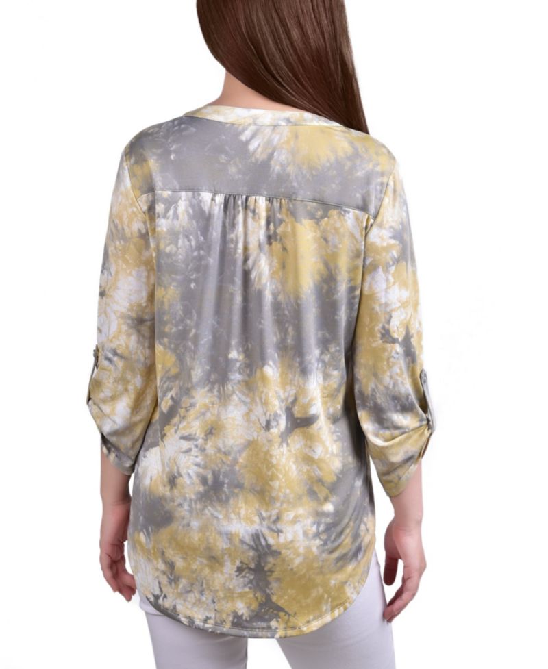 Petite Knit Jacquard 3/4 Sleeve Roll Tab Pintuck Top