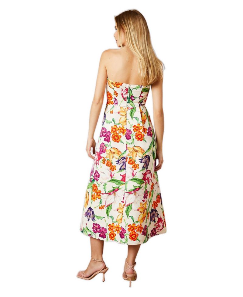Women's Floral Twill Strapless Midi Dress