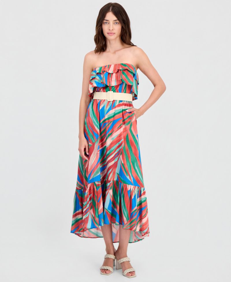 Women's Strapless Tropical Ruffled Maxi Dress