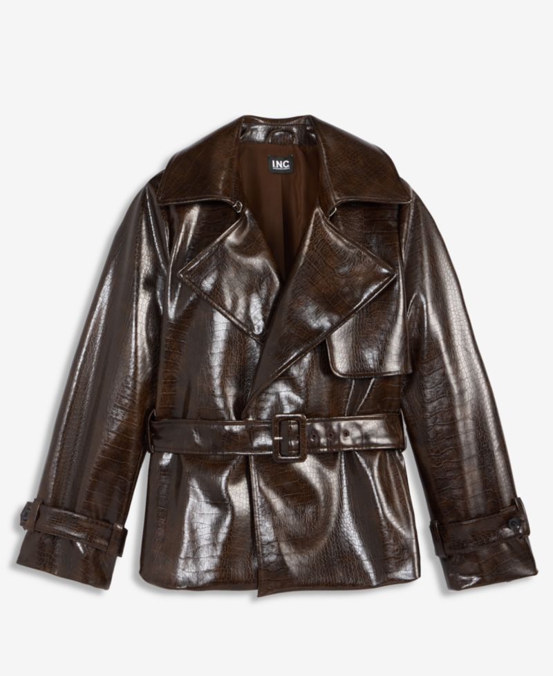 Women's Crocodile-Embossed Belted Faux Leather Jacket