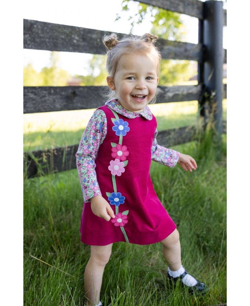 Girls' 7-16 Floral-Print Back Zipper Corduroy Dress