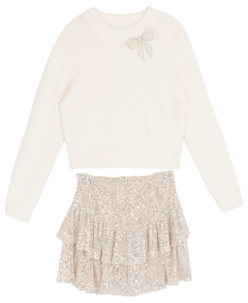 Girls' 7-16 Long-Sleeve Bow-Appliqu&eacute; Sequin Sweater and Skort, 2-Piece Set