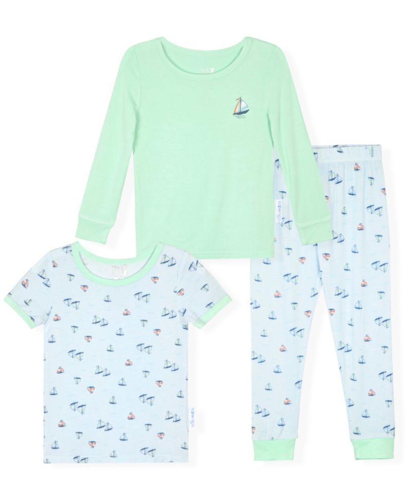 Baby and Toddler Boys 12M-5T Sail Boat Crewneck Top and Pants, 3-Piece Pajama Set