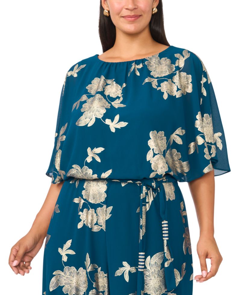 Plus Size Floral-Print Wide-Leg Blouson Jumpsuit with Belt