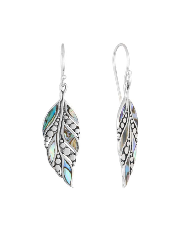 Sterling Silver Abalone Oxidized Dotted Feather Drop Earrings