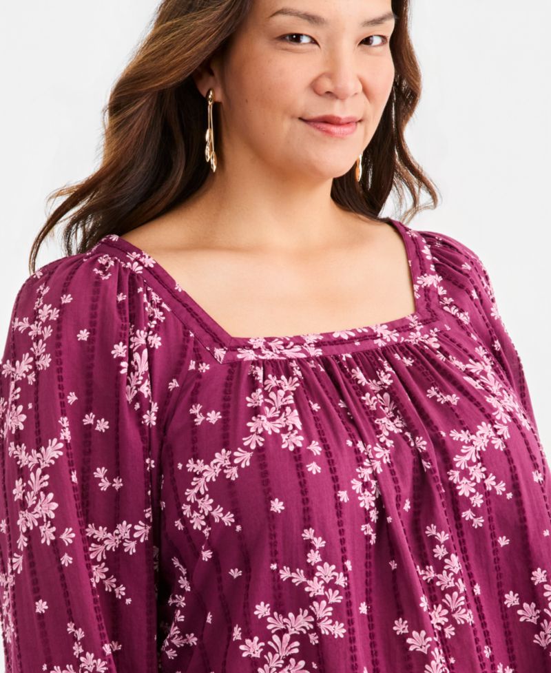 Plus Printed Square-Neck Cotton Top