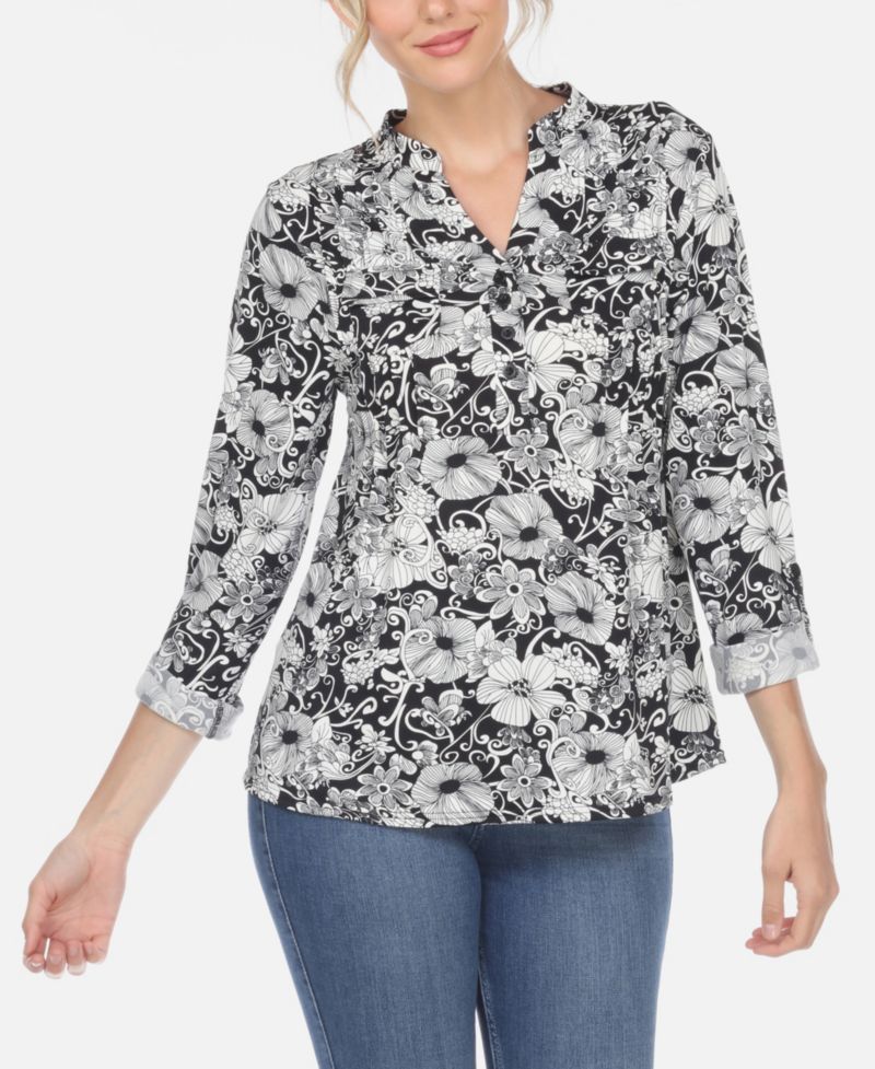 Plus Size Pleated Long Sleeve Floral Print Blouse