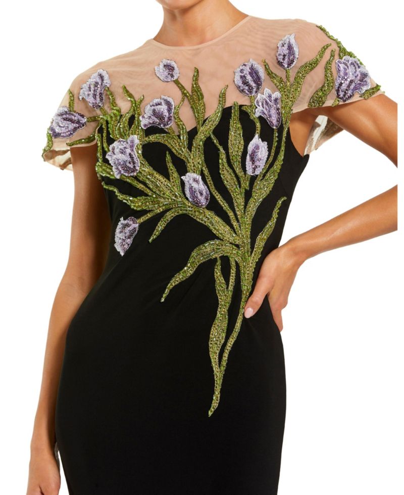 Women's Jersey Floral Embroidered Illusion Neck Gown