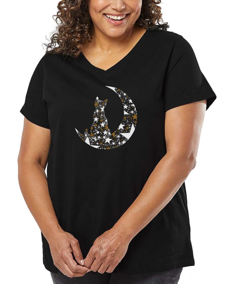 Plus Size Cat Sitting On Moon Word Art V-Neck T-Shirt