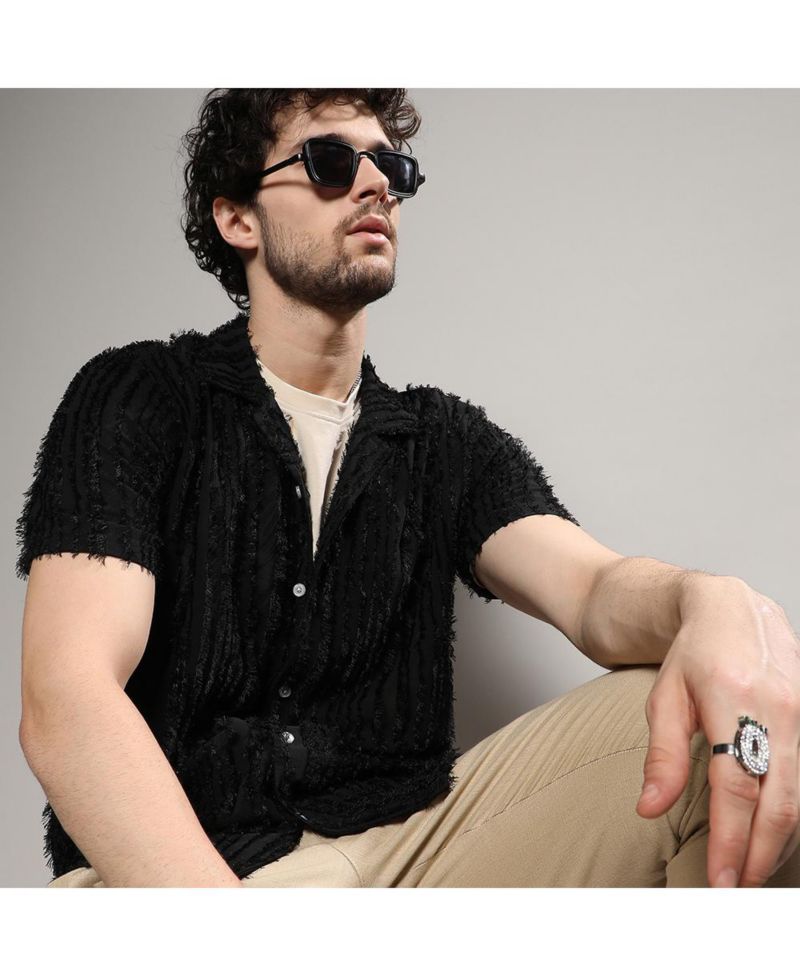 Men's Jet Black Fleece Striped Shirt