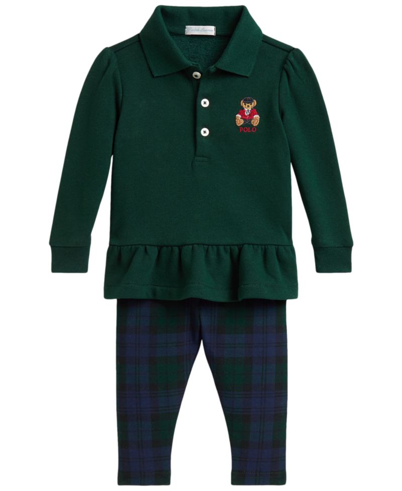 Ralph Lauren Baby Girls' Polo Bear Peplum Top and Plaid Leggings, 2-Piece Set