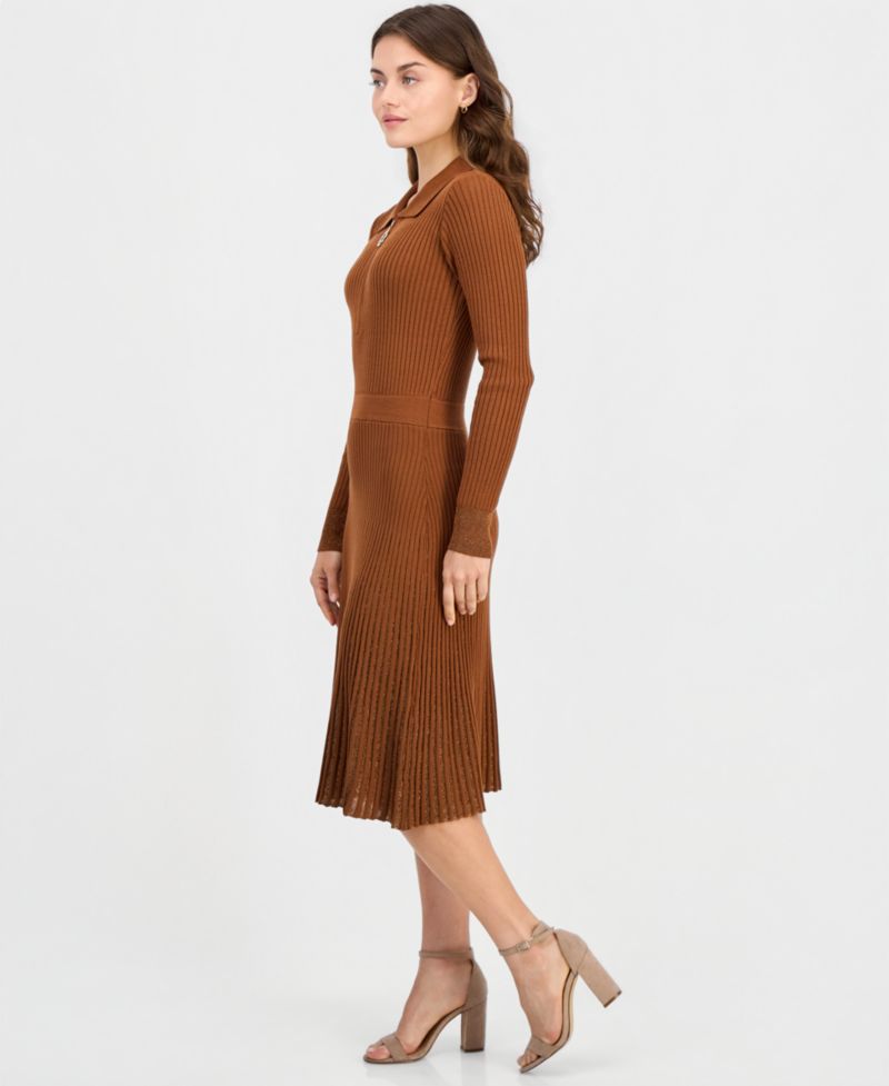 Women's Lurex Ribbed-Knit Zip-Front Midi Dress