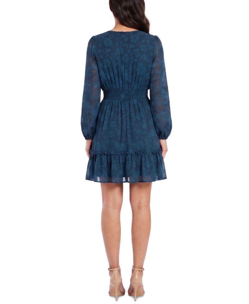 Petite Smocked-Waist Long-Sleeve V-Neck Dress