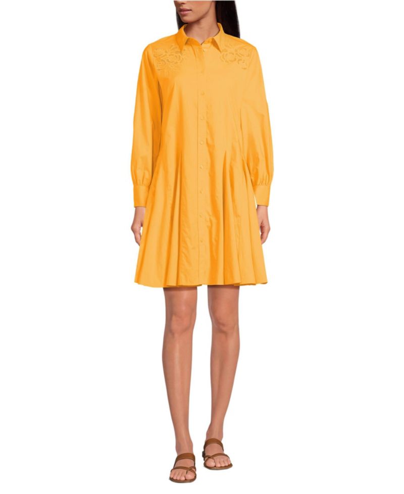 Women's Embroidered Poplin Button Front Dress with Godets