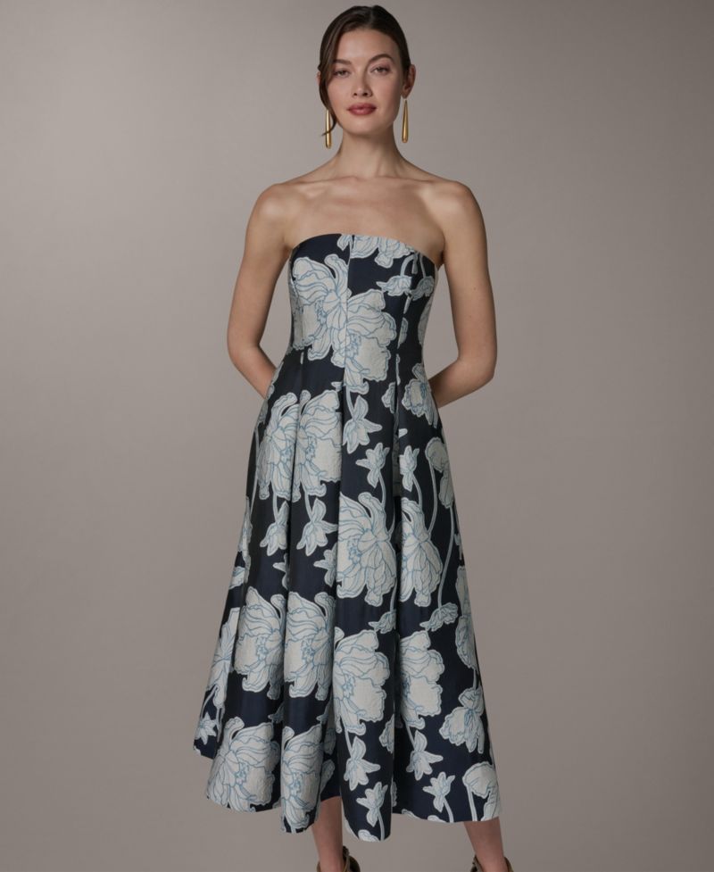 Women's Strapless Jacquard Fit & Flare Floral Midi Dress