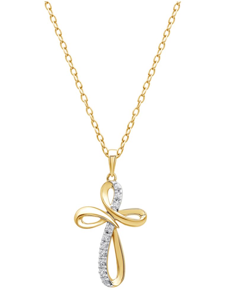 Diamond Cross Pendant Necklace in 18k Gold over Sterling Silver (1/10 ct. t.w.)