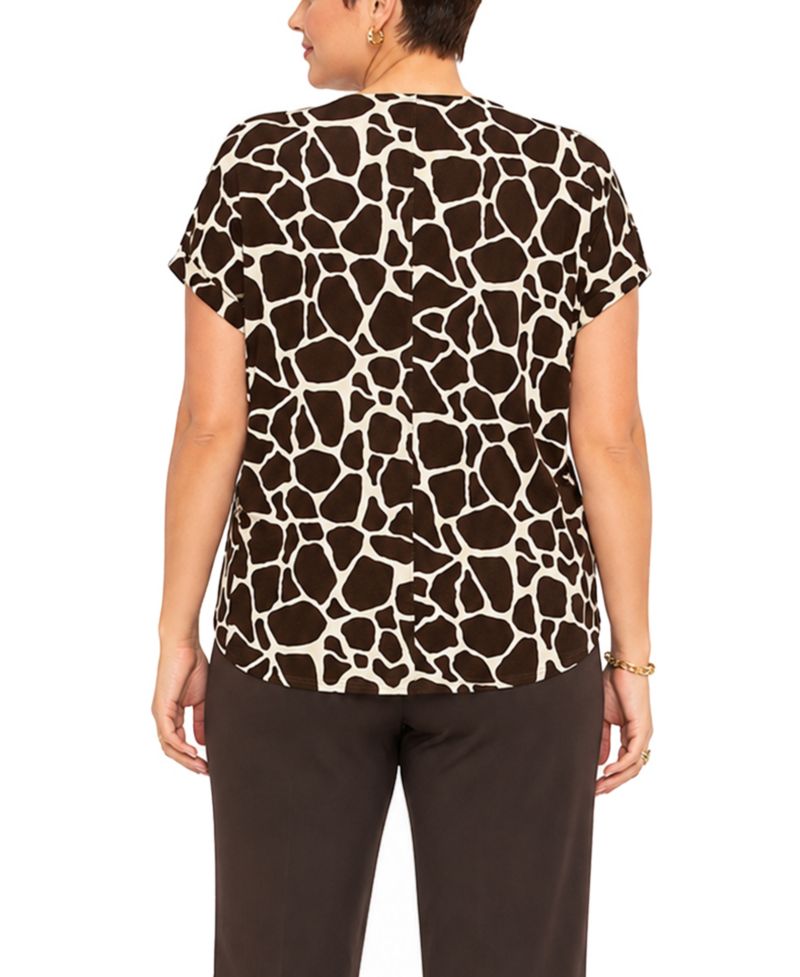 Plus Size Giraffe-Print Cowl-Neck Rolled-Short-Sleeve Top