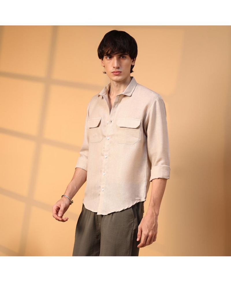 Men's Khaki Beige Solid Utility Shirt