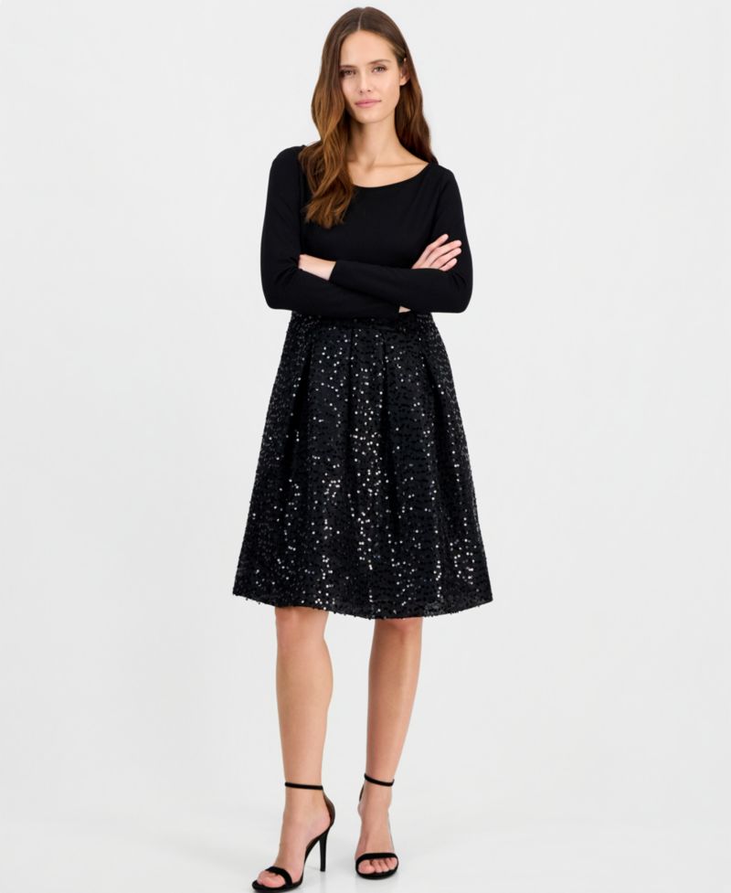 Women's Serentiy Boat Neck Long-Sleeve Sequin Dress