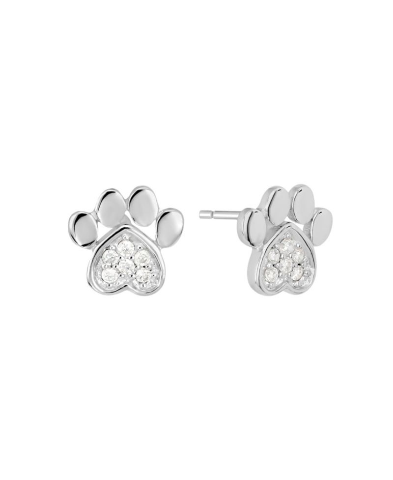 Sterling Silver Cubic Zirconia Pave Dog Paw Stud Earrings