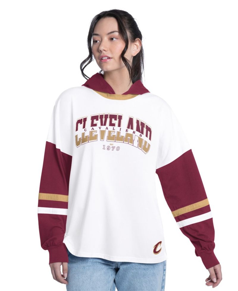 Women's White/Wine Cleveland Cavaliers Key Player Oversized Hooded Long Sleeve T-Shirt