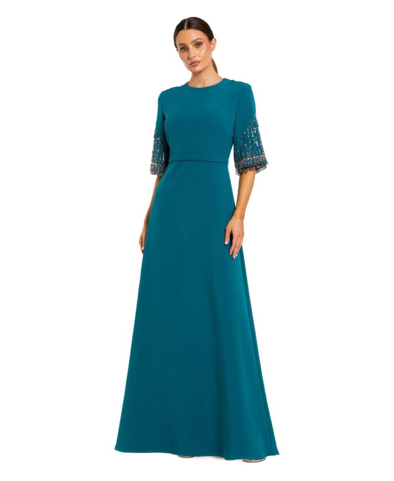 Women's Beaded 3/4 Sleeves Crepe A Line Gown