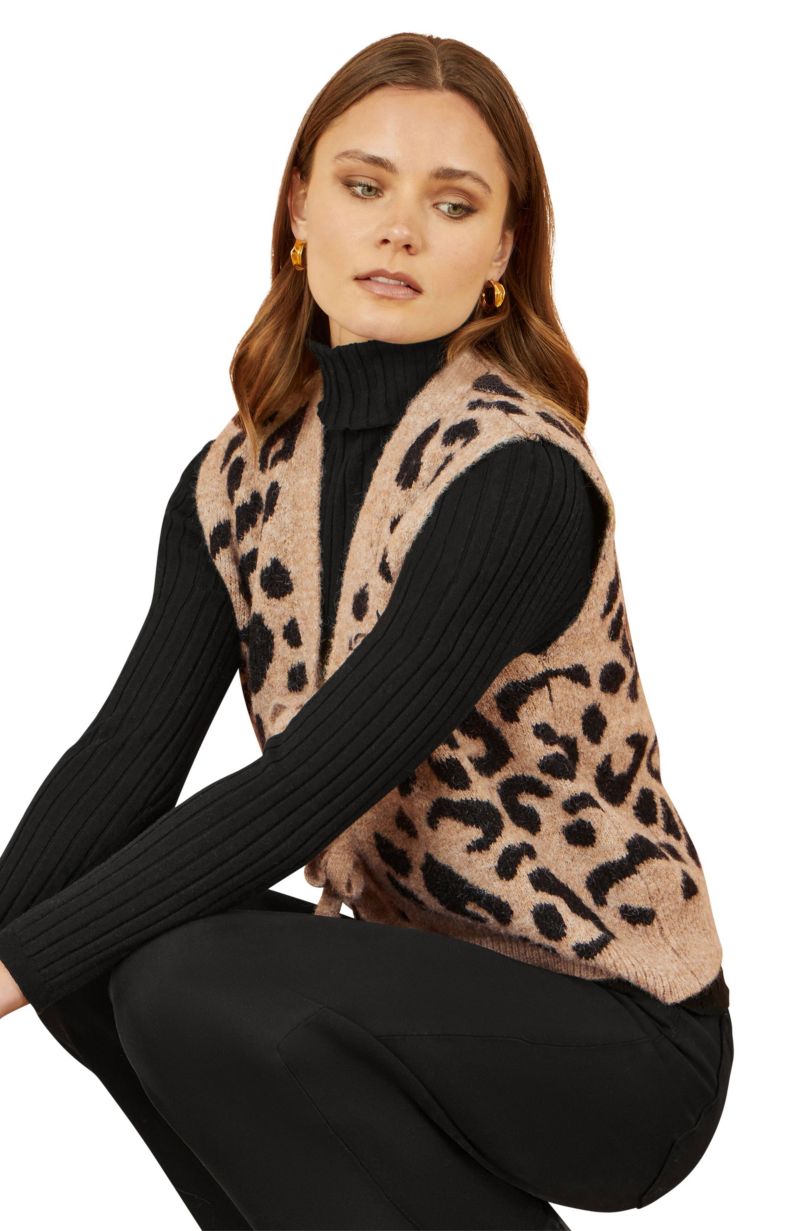 Women's Knitted Cheetah Print Tie Waistcoat