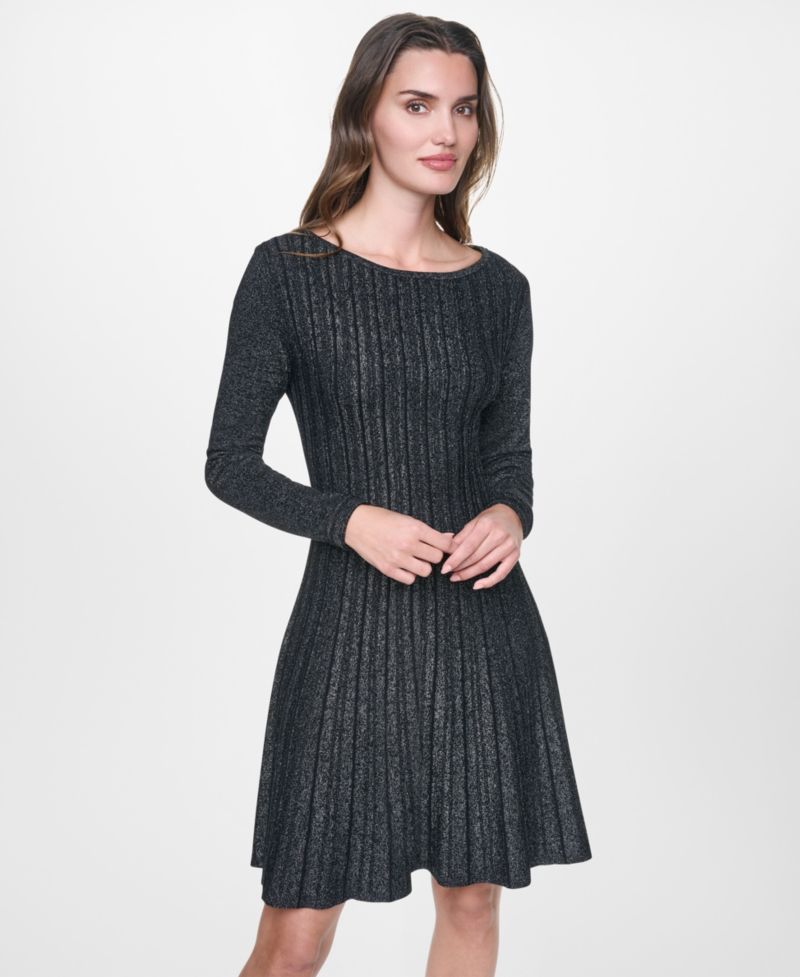 Petite Long-Sleeve Boat Neck Ribbed Fit & Flare Dress